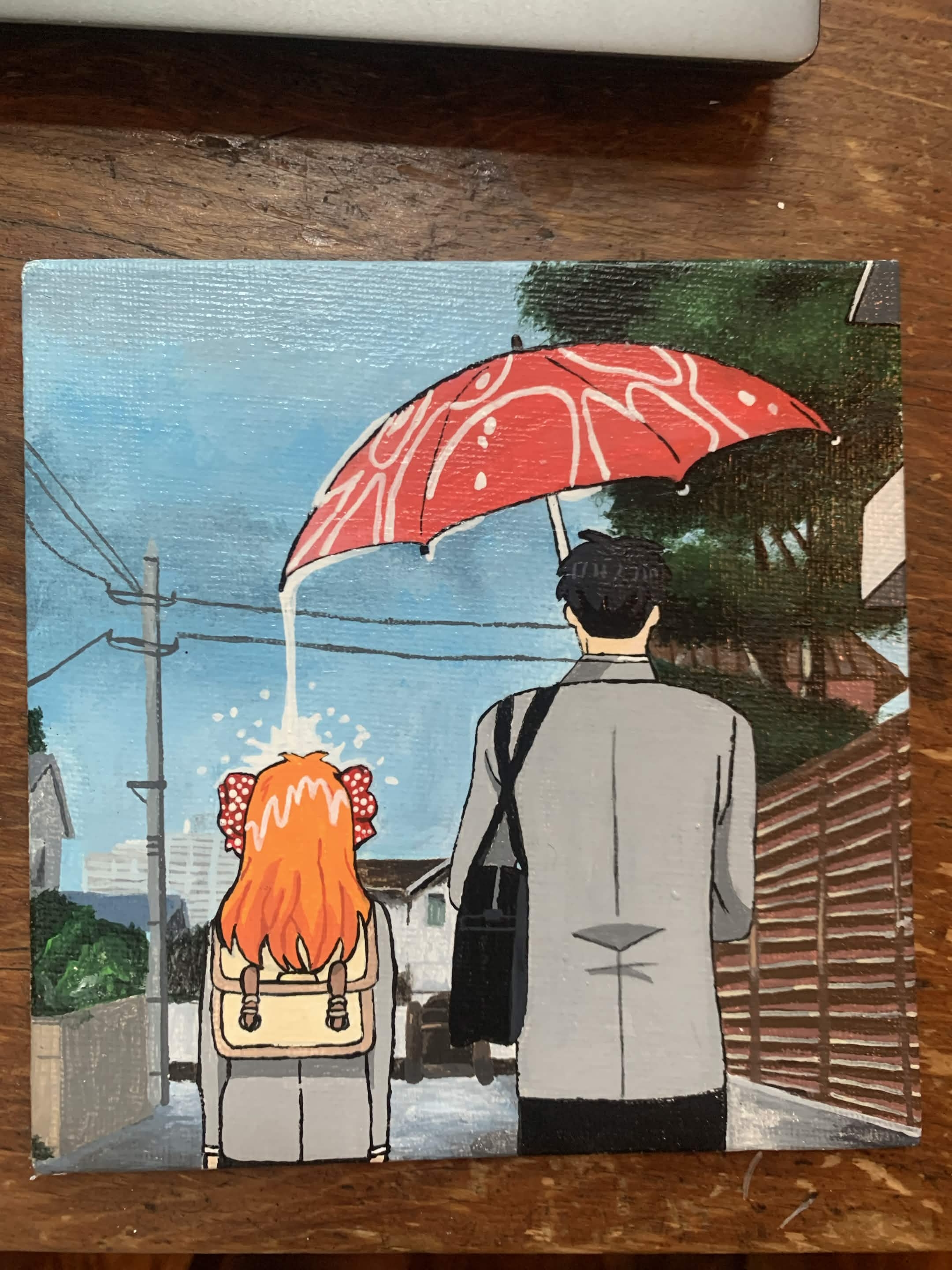 anime couple walking side by side - boy's umbrella is titlted to protect girl from rain, but the angle makes it so the water pours on her head instead of protecting her