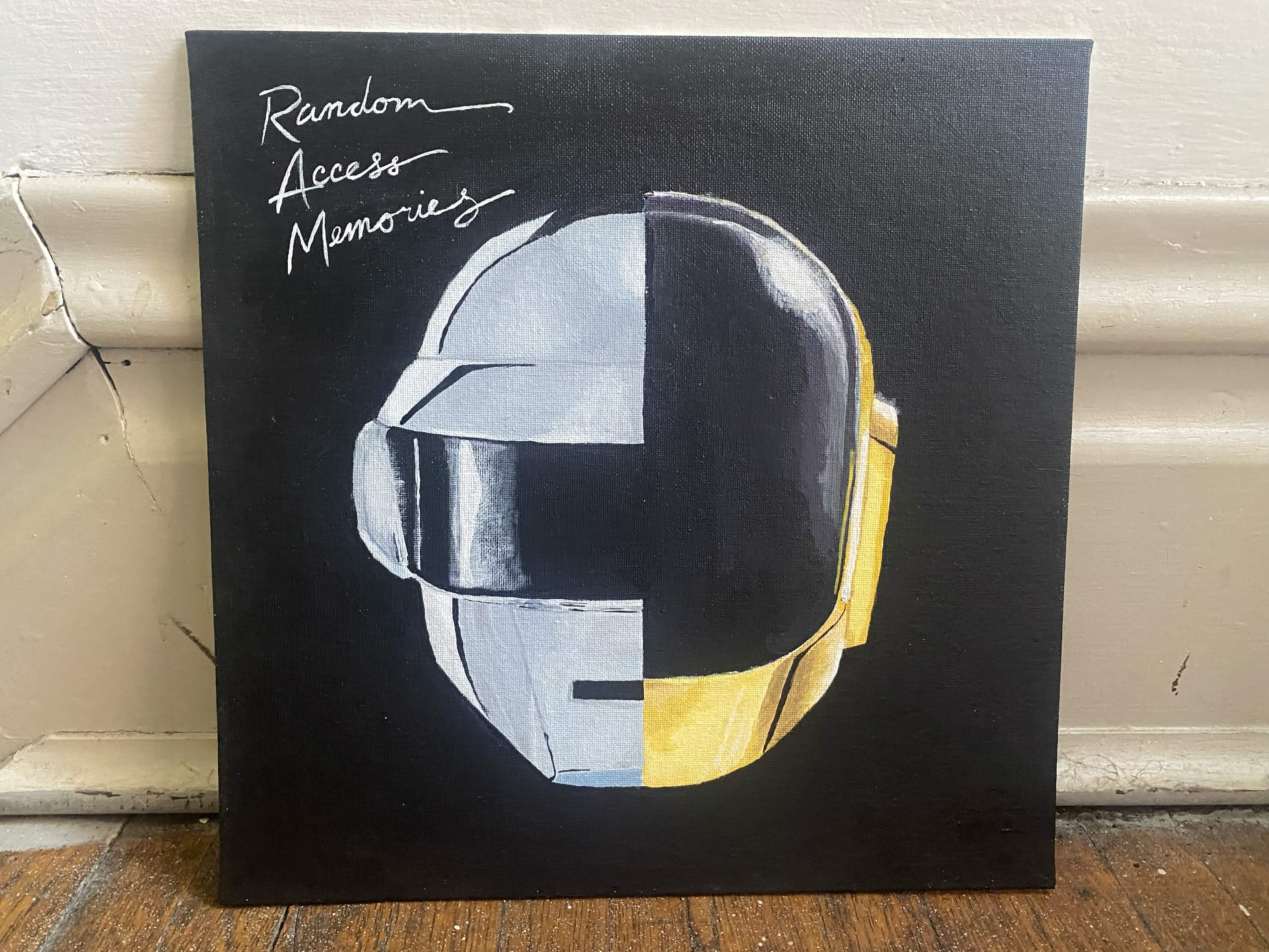 painting of album cover, half-and-half two different robot masks