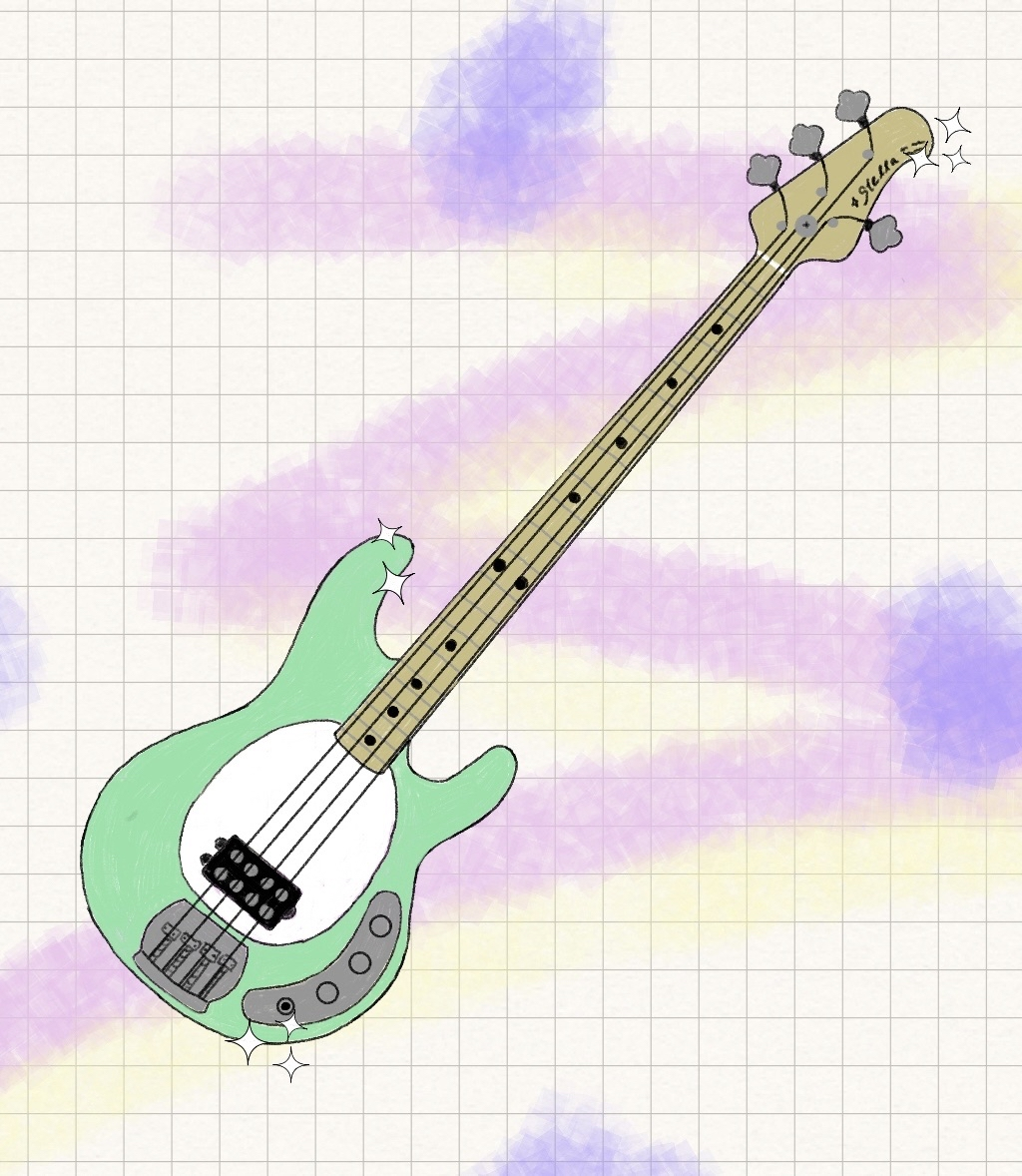 drawn image off light blue bass guitar